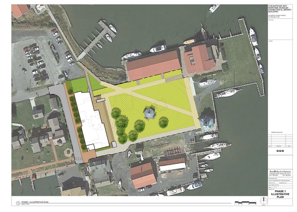  The white shaded portion of this aerial view of the CBMM campus is a rendering of the footprint of the new exhibition/library building. The structure features a shaded porch overlooking the waterfront and the Hooper Strait Lighthouse. Photo: CBMM 