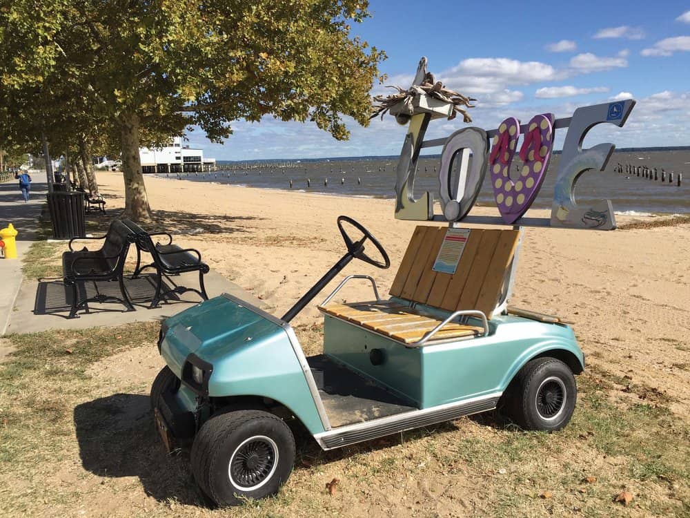   Colonial Beach’s “LOVEwork” display—a tribute to Colonial Beach’s golf-cart town tradition, local beach vibe, and a tourist attraction, all in one.  photos by Jody Argo Schroat 