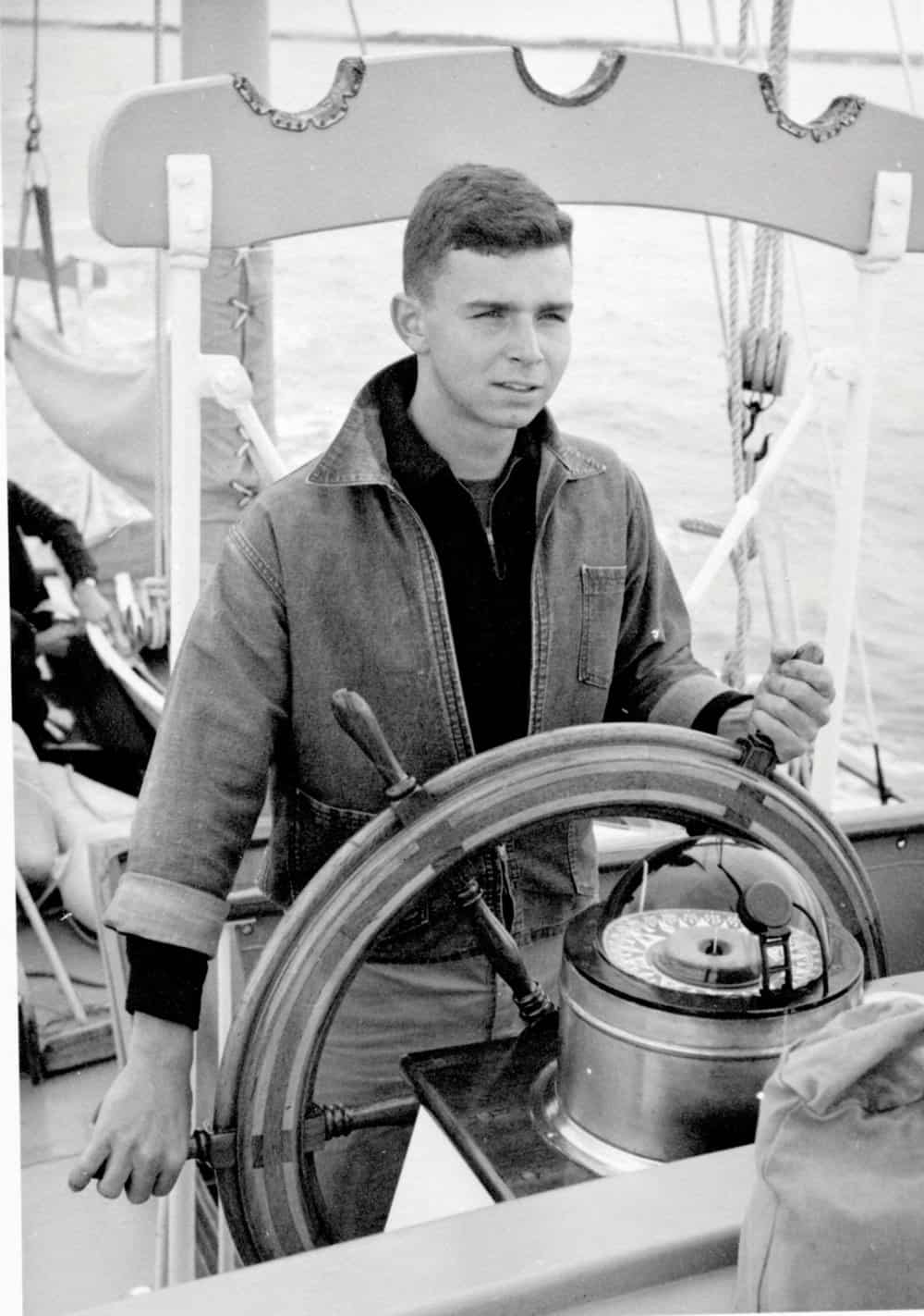  Hecklinger, age 18, at the helm of a 59-foot motorsailor. Photo by Joe Evans. 