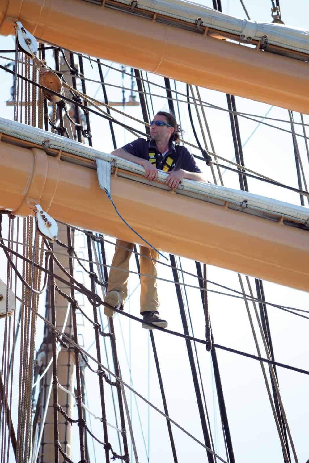  Sailmaker Justin Ailsworth aloft on the  Eagle . Photo by Karen Soule. 