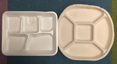  Styrofoam school trays (left) will be replaced by compostable trays. 
