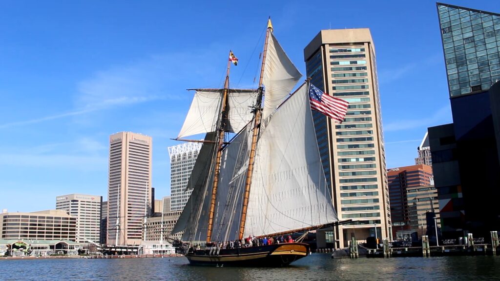 Schooner Pride of Baltimore in Downtown Baltimore under sail