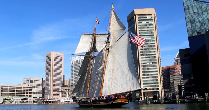 Schooner Pride of Baltimore in Downtown Baltimore under sail